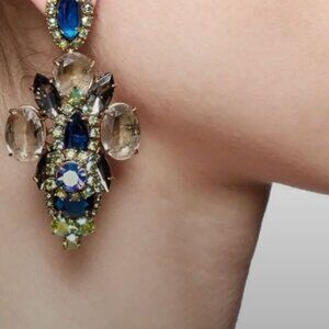 J. Crew Riviera Blue Aurora Borealis Czech Glass Drop Statement Pierced Earrings